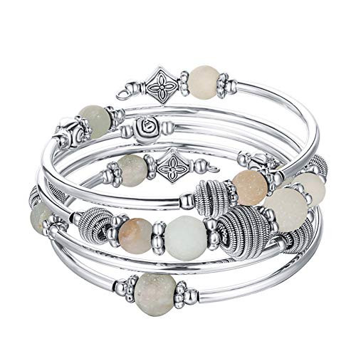 PEARL and CLUB Beaded Chakra Bangle Turquoise Bracelet - Fashion Jewelry Wrap Bracelet with Thick Silver Metal and Mala Beads Birthday Gifts for Women  Green
