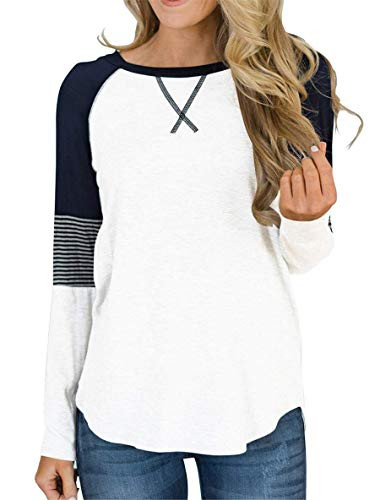 Youdiao Womens Long Sleeve Tops Color Block Side Split Casual T-Shirts Loose Tunic Tops Round Neck Striped Blouses White M