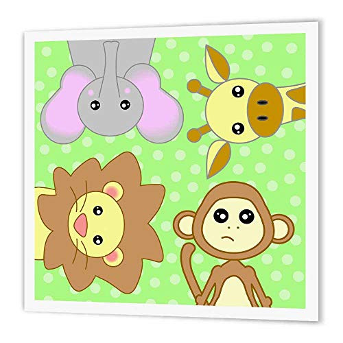 3dRose ht_6084_3 Curious Baby Animals-Lion Monkey Giraffe Elephant on Green Background-Iron on Heat Transfer Paper for White Material, 10 by 10-Inch