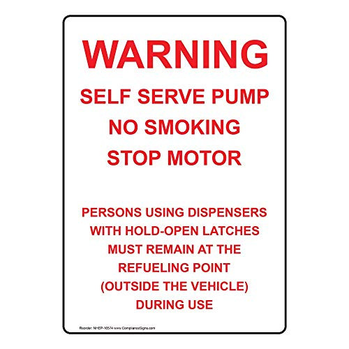 Vertical Warning Self Serve Pump No Smoking Label Decal 5x3.5 inch 4-Pack Vinyl for Fuel Made in USA by ComplianceSigns