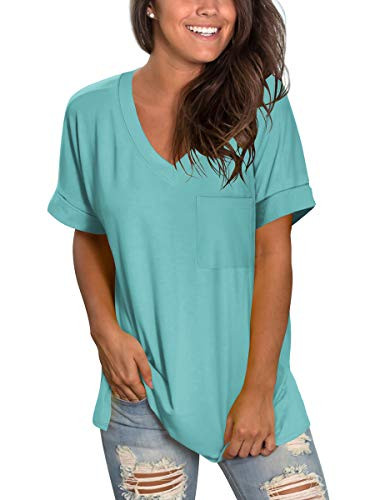 V Neck T Shirts for Womens Summer Tops with Pocket Short Sleeve Casual Tee Lake Green XL