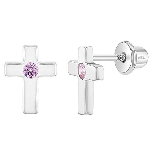 925 Sterling Silver Little Girls Pink Cubic Zirconia Cross Screw Back Locking Earrings Ideal for Young Girls and Preteens - Religious Jewelry
