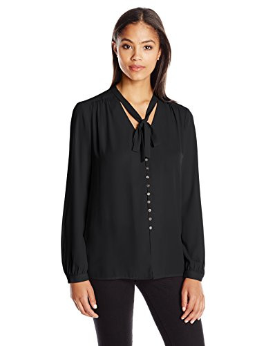 Karen Kane Women's Tie-Neck Button-Front Blouse, Black, XL