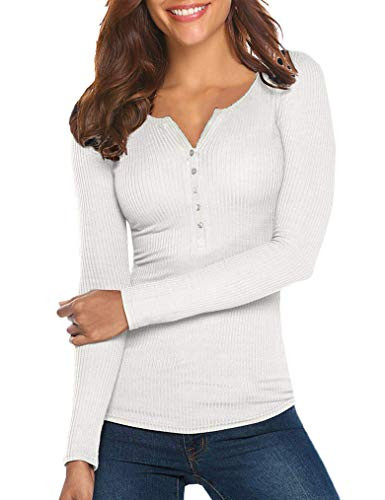 Tobrief Womens Henley Shirts V Neck Long Sleeve Button Down Tops Contrast Splicing Knit Tees WhiteXL
