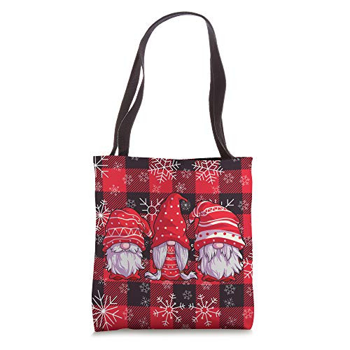 Three Christmas Gnomes Snowflake Xmas Red Buffalo Plaid Tote Bag