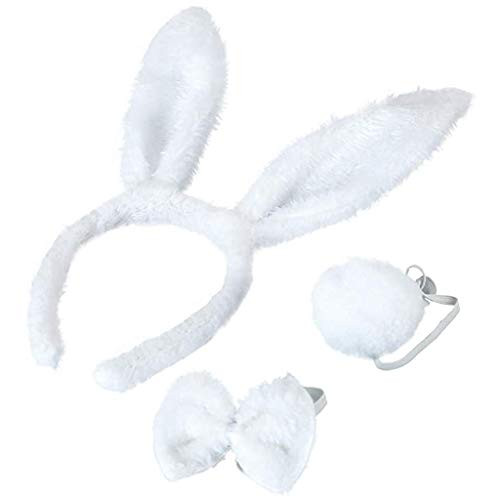 PHOTNO Bunny Cosplay Set Rabbit Costume Accessory One Sets Bunny Ears Headbands Easter Rabbit Ears Set with Tails and Bow Tie for Kids and Adults Easter Bunny Costume Party