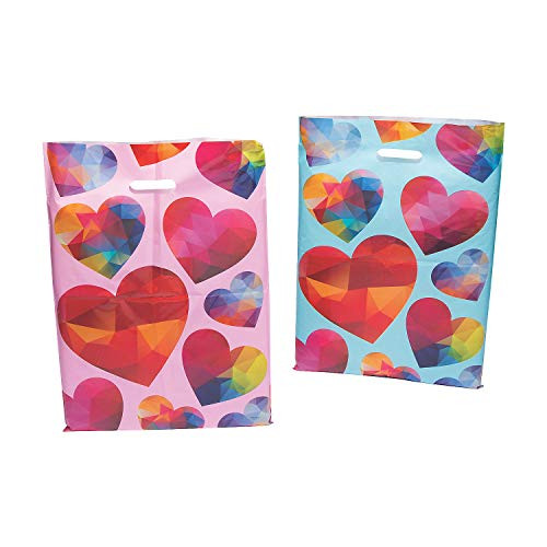 Fun Express - Geometric Heart Goody Bags for Valentines Day - Party Supplies - Bags - Plastic Bags - Valentines Day - 50 Pieces
