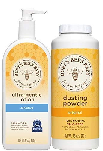Burts Bees Baby Skin Care Bundle - Ultra Gentle Lotion 12 Ounce and 100 percent Natural Dusting Powder 7.5 Ounce