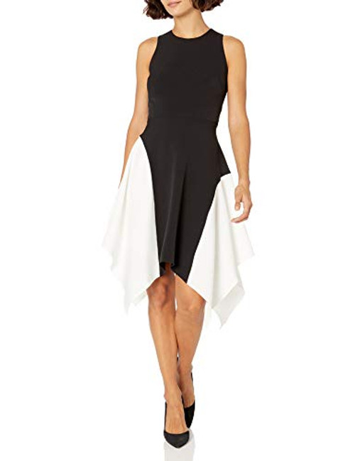 Maggy London Womens Petite Mystic Crepe Sleeveless Color Block Fit and Flare Black Ivory 8P