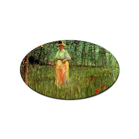 A Woman Walking in a Garden By Vincent Van Gogh Oval Magnet