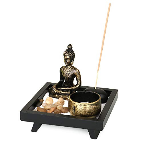 Jessie Tabletop Zen Garden Resin Buddha Incense Holder with 3PCs Incense Sticks Sand Cobblestone Rock Garden Candle Holders for Home Decor
