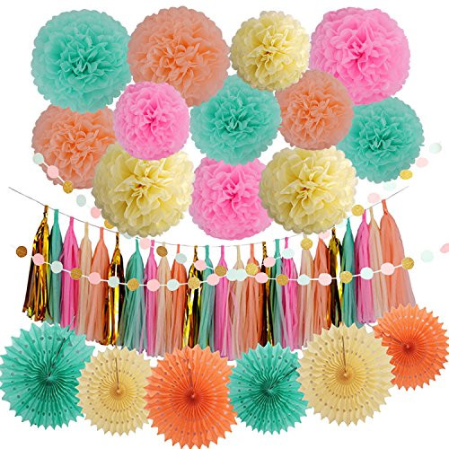 LyButty 45 Pcs Party Supplies Decorations Kit,Tissue Paper Pom Poms Flower Tissue Paper Fan Polka Dot Paper Garland Tissue Tassel Garland for Wedding,Party,Baby Shower, Room Decor
