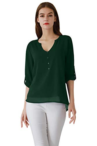 YMING Womens Chiffon Long Sleeve Blouse Roll Up Sleeve Chiffon Shirt Green XL