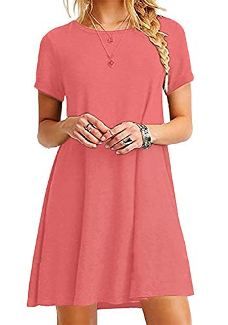 OMZIN Sundress for Women Casual Dress Loose Dress Round Neck Mini Dress Plus Size Coral Pink 3XL OMZIN Sundress for Women Casual Dress Loose Dress Round Neck Mini Dress Plus Size Coral Pink 3XL