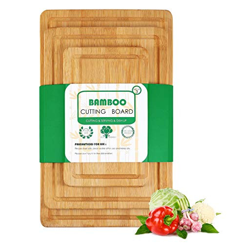 JUZI Large Organic Bamboo Cutting Board For Kitchen  Set of 3  -100 percent Natural Bamboo Wooden Chopping Boards With Juice Groove For Meat Vegetables Cheese and Fruits