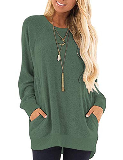MISFAY Womens Casual Long Sleeve Round Neck Pocket T Shirts Blouses Tunic Sweatshirt Tops with Pocket S Green MISFAY Womens Casual Long Sleeve Round Neck Pocket T Shirts Blouses Tunic Sweatshirt Tops with Pocket S Green