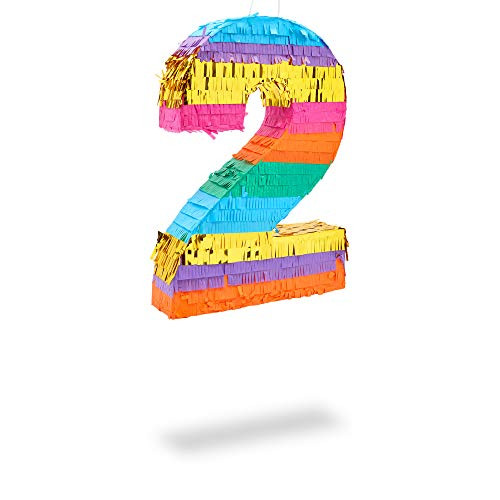 Small Fiesta Pinata Number 2 for 2nd Birthday Party  Rainbow 11 x 16.5 x 3 In