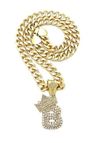 BLINGFACTORY Hip Hop Gold PT Iced Alphabet Bubble Letter Crowned B Pendant  and  18 inch  Cuban Choker Chain Bling Necklace