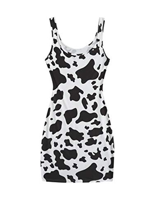 Verdusa Womens Cow Print Scoop Neck Sleeveless Mini Bodycon Tank Dress White Black M