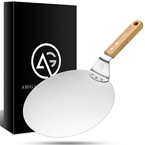 Metal Pizza Peel with Handle by ABIGAIL AND GREY - Stainless Steel Pizza Paddle and Pizza Spatula for Baking Homemade Pizza and Bread - Round 10 inch  with Wood Handle