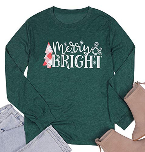 JINTING Merry and Bright Shirts Women Long Sleeve Sleeve Merry Christmas Graphic Print Tee Shirts Tops Blouse Plus Size Green