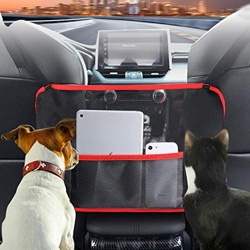 Vemote Car Net Pocket Handbag Holder OrganizerBack Seat Net Storage Driver Storage Netting Pouch Handbag Holder Between Seats for Bag Purse PhoneCar Seat Mesh Pet Barrier  Black-red