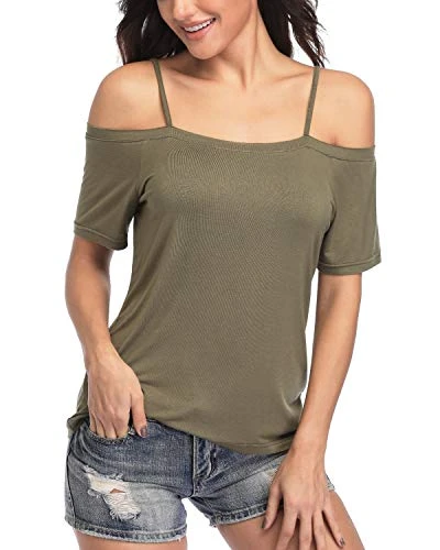 andy  and  natalie Womens Strappy Off Shoulder Top Cold Shoulder Blouse Cut-Out Shirts Green