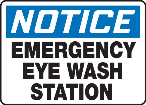 Accuform MFSD815VA Aluminum Safety Sign Legend inch Notice Emergency Eye WASH Station inch  10 inch  Length x 14 inch  Width Blue Black on White