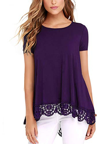 DOSWODE Womens Tops Short Sleeve Lace Trim O-Neck A-Line Tunic Blouse Shirts Purple XL