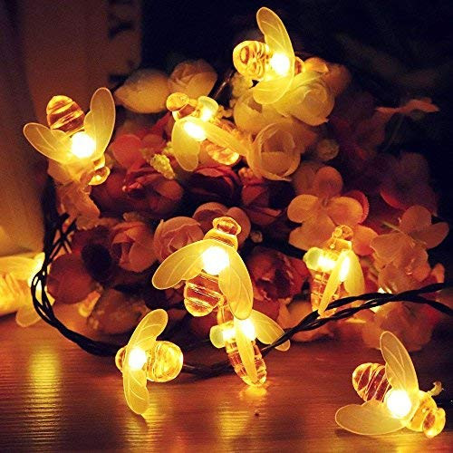 EONSMN Honeybee String Lights Waterproof Solar Powered 30 LED Bumble Bee Fairy Outdoor Decorative Lights for Garden Patio Fence Summer  Warm White
