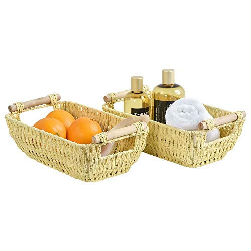 FairyHaus Small Paper Rope Baskets for Organizing 2Pack Decorative Storage Basket Set with Handles Hand Woven Baskets for Storage Wicker Baskets for Pantry Closet Shelf