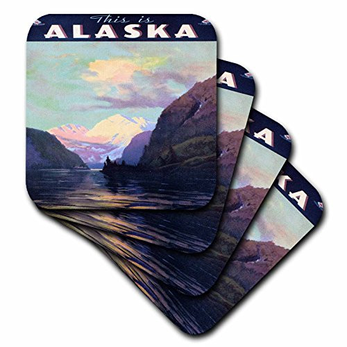 3dRose This Is Alaska Scenic Mountain and Lake Landscape Travel Poster - Ceramic Tile Coasters, Set of 4 (cst_172114_3)