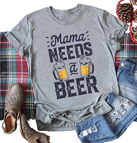 Mama Needs a Beer Women Wifey Mama T-Shirt Mothers Day Funny Print Letter O-Neck Short Sleeve Tees Tops  S BE