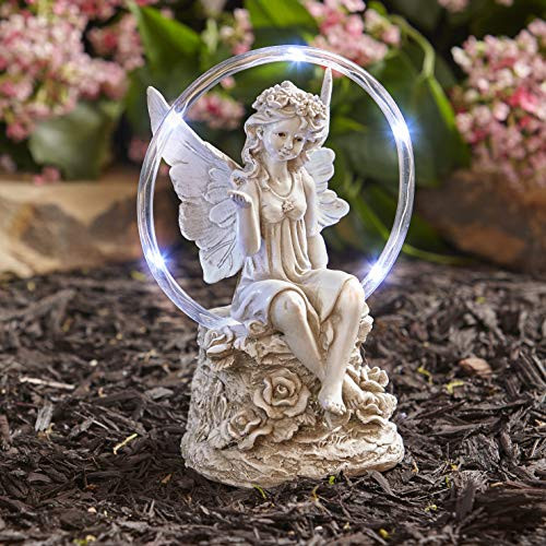 The Lakeside Collection Ceramic Sitting Angel Garden Statue with Solar Lighted Halo Accent