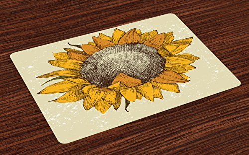 Lunarable Sunflower Place Mats Set of 4, Vintage Hand Drawn Sunflower Sketchy Grunge Flourishing Leaves, Washable Fabric Placemats Dining Room Kitchen Table Decor, Earth Yellow Brown Beige Lunarable Sunflower Place Mats Set of 4, Vintage Hand Drawn Sunflower Sketchy Grunge Flourishing Leaves, Washable Fabric Placemats Dining Room Kitchen Table Decor, Earth Yellow Brown Beige