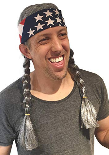 HandinHandCreations Hippie Willie Wig Cowgirl Cowboy Country Nelson Braids Wig USA Bandana Grey
