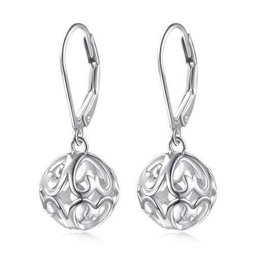 S925 Sterling Silver Heart Ball Dangle Drop Leverback Cage Filigree Earrings for Women Girl