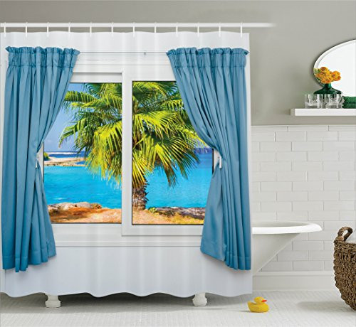 Ambesonne House Decor Shower Curtain Set, View From Window With A Curtain Tropical Beach Sunlight Horizon Palm Ocean, Bathroom Accessories, 69W X 70L Inches