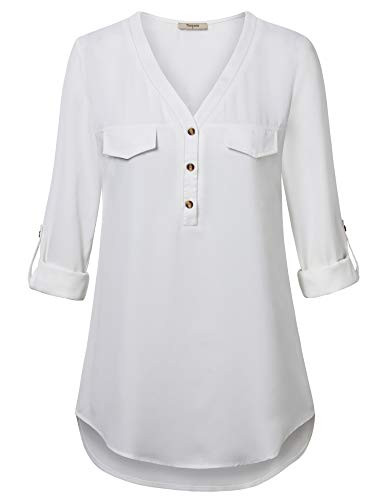 Timeson White Blouses for Women3 4 Sleeve Chiffon Tunic Shirt Womens Office Tops Button Down V Neck Business Casual Shirt Ladies Pretty Work Tops Dress Line Light Shirt for Skirt White Medium
