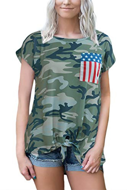 4th of July Women Patriotic Casual Shirt USA American Flag Short Sleeve Tie Front Top Camo L 4th of July Women Patriotic Casual Shirt USA American Flag Short Sleeve Tie Front Top Camo L