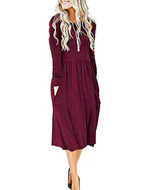 MISFAY Womens Long Sleeve Pockets Empire Waist Pleated Loose Swing Casual Flare Midi Dress  M Wine Red MISFAY Womens Long Sleeve Pockets Empire Waist Pleated Loose Swing Casual Flare Midi Dress  M Wine Red