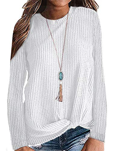 TODOLOR Women Long Sleeve T Shirts Casual Twist Knot Top Loose Blouse Cute Tunic White L