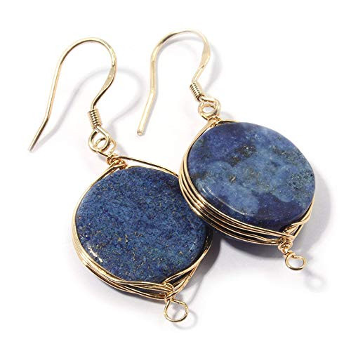 Natural Stone Wire Wrap Dangle Drop Earrings Gold Plated 925 Sterling Silver Hook Lapis Lazuli Round 16mm