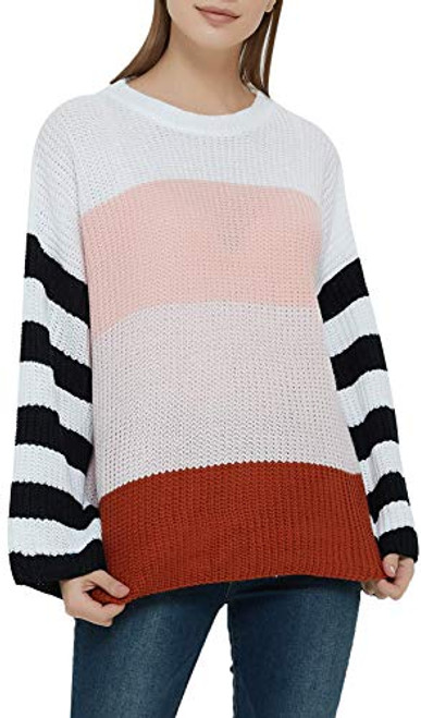 JOKHOO Womens Casual Crew Neck Color Block Knit Pullover Sweater Long Sleeve Jumper Tops  Pink S