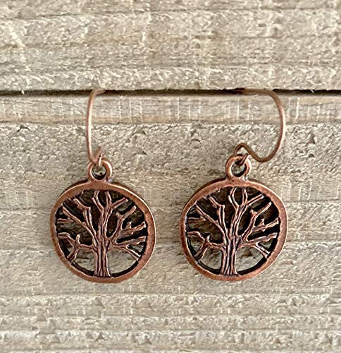 Tree Circle Dangle Copper Earrings Hammered