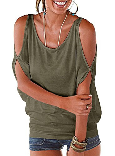 LEIYEE Womens Army Green Summer Cold Shoulder Tops Short Sleeve T Shirts Pullover Casual Dolman Blouses