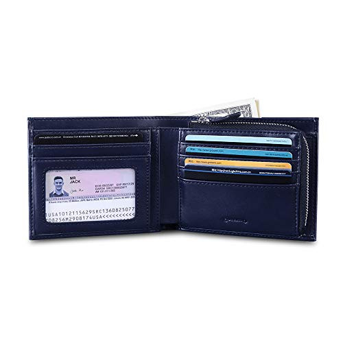 Cockatoo Mens Leather RFID Blocking Bifold Wallet with ID Windows Zipper Coin Mens Credit Card Wallet -Slim Wallet  Blue