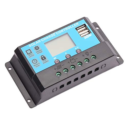 CENTAURUS 10A Solar Charge Controller - Replace Solar Panel Controller 12V 24V PWM Auto Paremeter Adjustable LCD Display Solar Panel Battery Regulator and Dual USB Load Timer Setting ON Off Hours