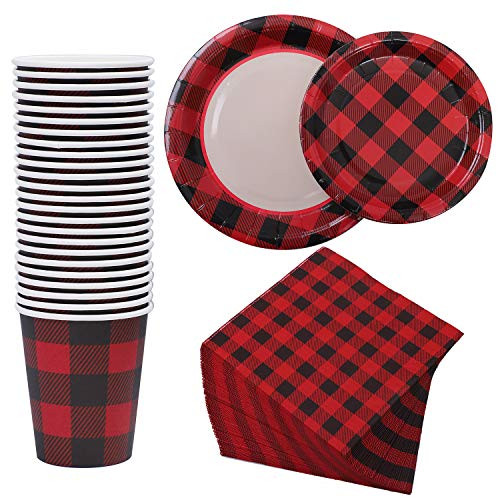 Aneco 122 Pieces Buffalo Plaid Party Supplies Party Tableware Paper Plates Cups Napkins for 24 Guests
