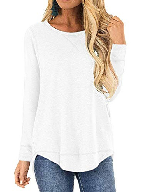 TEMOFON Womens Tops Long Sleeve Crew Neck Top Casual Loose Soft Blouse Tunic T-Shirts White XL